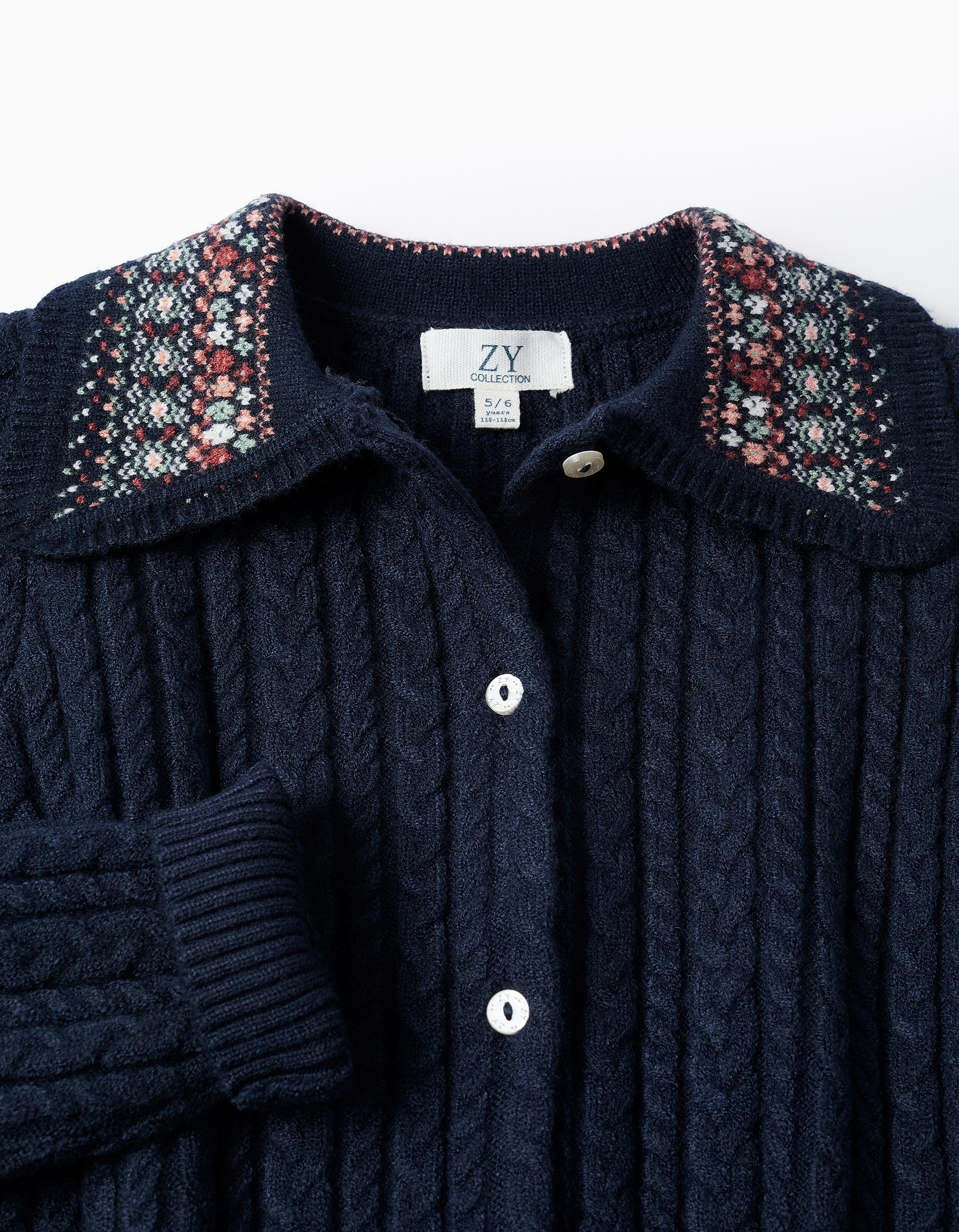 Chaqueta de Punto Trenzado con Cuello Floral, Azul Oscuro ZY