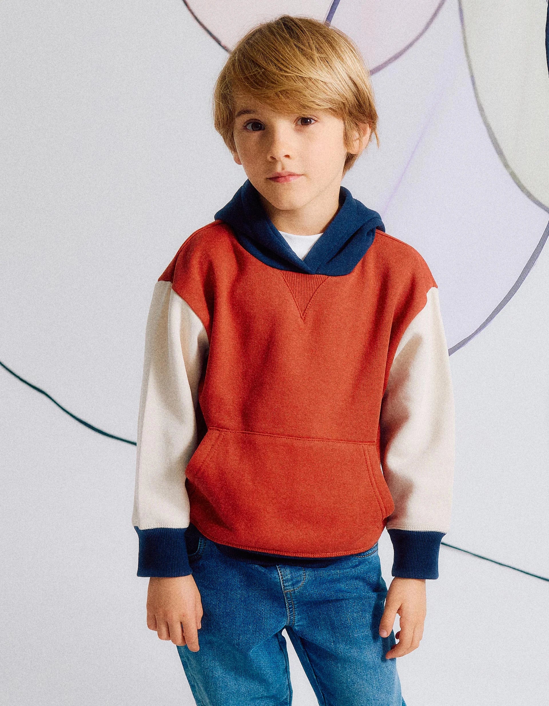 Sudadera Perchada con Capucha para Niño, Rojo/Beige/Azul ZY