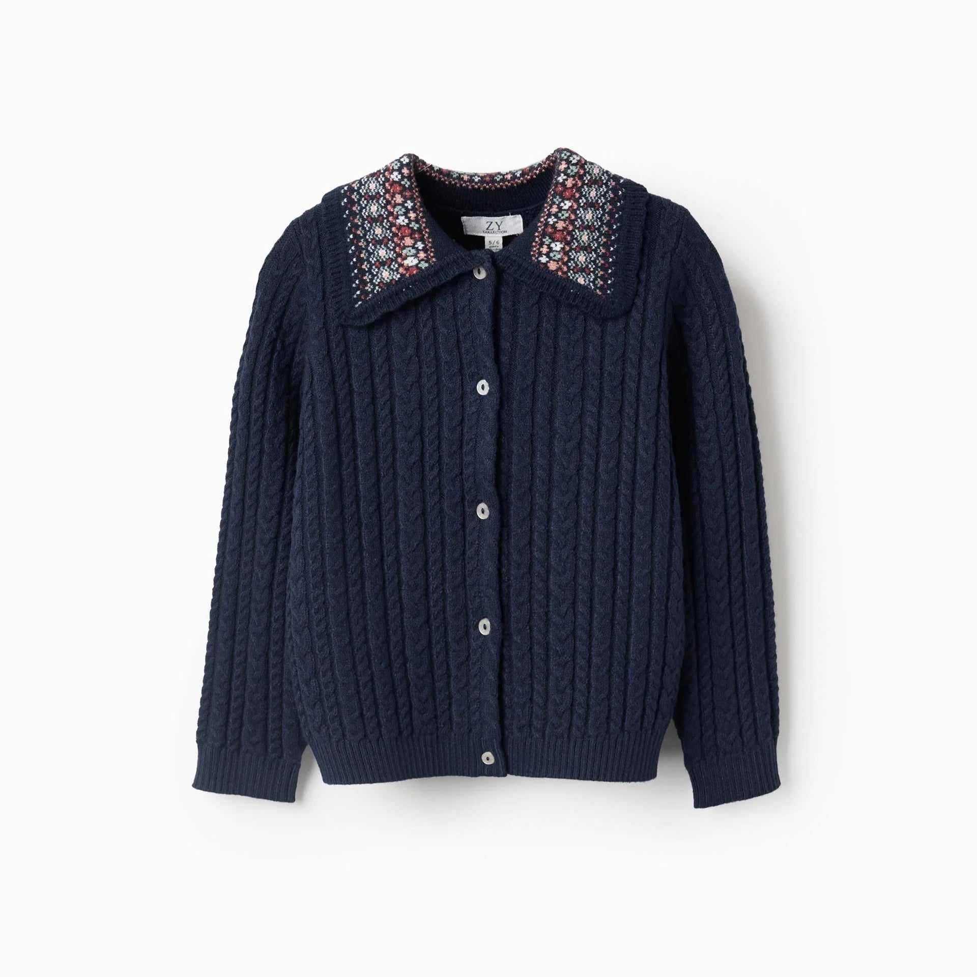 Chaqueta de Punto Trenzado con Cuello Floral, Azul Oscuro ZY - Zippy - PetitGegant